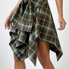 Purchased But Never Worn Overall Outfit, Swimwear Bottoms, Hem Skirt, Asymmetrical Design, Plaid Skirts, Plaid Print, Asymmetrical Hem, Asymmetric Hem, Plaid Pattern