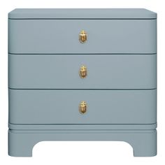 a blue dresser with two drawers and gold knobs on the top, against a white background