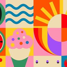 an image of a colorful background with ice cream and watermelon