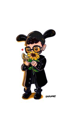 a cartoon character holding a flower and wearing glasses