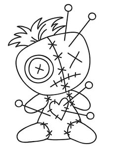 a drawing of a cartoon character with buttons and needles on it's head, in black and white