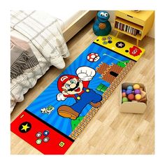 a child's bedroom with mario rugs and toys on the floor