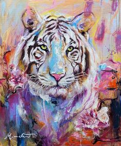 a painting of a tiger with flowers on it's chest and eyes, sitting in front of a pink background