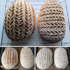 four different pictures of baked breads on a rack and in the process of being made