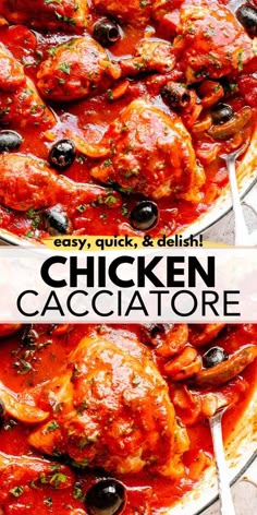 chicken cacciatore with olives and parsley in a skillet