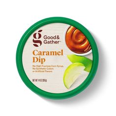 good and gather caramel dip in a green container on a white background with the lid open