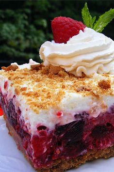 raspberry icebox cake on a white plate