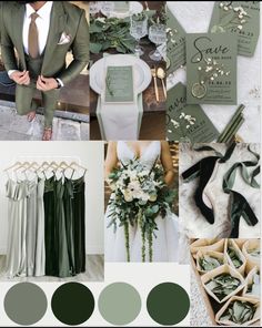 a collage of green and white wedding color palettes with flowers, greenery, bride's dress, groomsmid suit