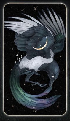 a tarot card with an image of a bird on it's back and wings