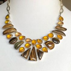 Blue & Brown Tigers Eye & Faceted Citrine Gemstones In Heavy Sterling Silver Necklace Pearl Rope, Green Stone Necklace, Brown Tiger, Kendra Scott Necklace, Layered Necklaces Silver, Pearl Necklace Set, Heart Locket Necklace, White Pearl Necklace, Stone Beaded Necklace