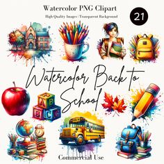 watercolor back to school clipart set with different items and colors on the background