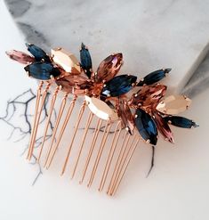 "✤ Size approx (of the crystal element alone) - 7.8 cm x 3 cm / 3.07\" x 1.18\". ✤ I can make this hair comb with many other colors to match your wedding party scheme (or any other occasion). Please just contact me. ✤ Matching earrings here: https://www.etsy.com/il-en/listing/1410840642/bridal-earringsnavy-blue-long?click_key=5799d90793860bf133de4bf03631fb9b7af74b22%3A1410840642&click_sum=f8f1ab05&ref=shop_home_active_10&pro=1&sts=1 ✤ Matching bracelets are available here : https://www.etsy.com/ Bridesmaid Hair Inspo, Navy Blue Hair, Blue Wedding Hair, Navy Hair, Rose Gold Crystal, Plan My Wedding, Emerald Color, Custom Bridal, Bridal Hair Comb