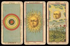 four different types of cards with sun and moon images on each card, one has an image of a man's face in the middle