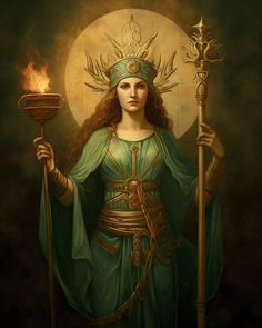 a painting of a woman holding a staff with flames in her hand and wearing a green dress