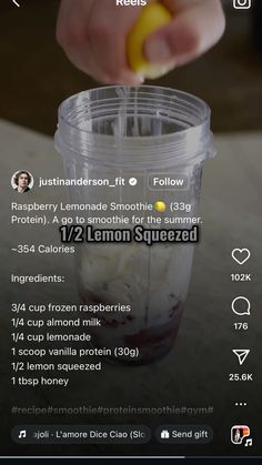 someone is adding ingredients to a smoothie in a blender with the recipe below