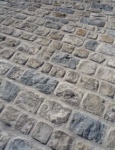 a cat is sitting on top of a cobblestone street with its paws in the air