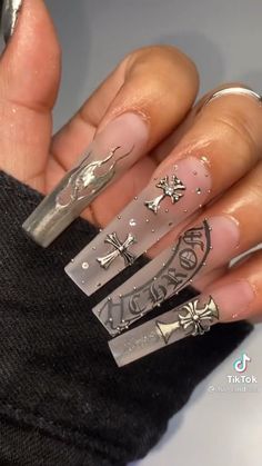 Chrome Heart Nails, Heart Nail Designs, Drip Nails, Edgy Nails, Colored Acrylic, Grunge Nails, Colored Acrylic Nails, Dope Nail Designs, Long Acrylic Nails Coffin