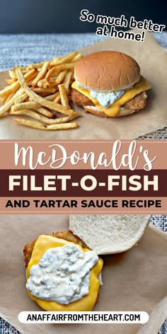 Copy Cat McDonald’s Fish Sandwich with Tartar Sauce and french fries on brown parchment paper. Mcdonalds Tartar Sauce, Mcdonald’s Fish Sandwich, Copycat Mcdonalds Tartar Sauce, Mcdonald’s Tartar Sauce Recipe, Fillet O Fish, Mcdonalds Fillet O Fish, Mcdonalds Fish Fillet Recipe, Copycat Mcdonald’s Filet O Fish, Fillet O Fish Mcdonald's