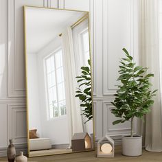 a mirror sitting on top of a table next to a potted plant