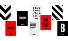 several black and red posters with different font styles on them, including the letter b