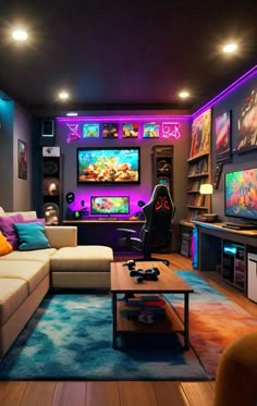 a living room filled with lots of furniture and colorful lights on the wall above it