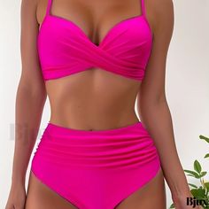 Bjux - Tropical Print V Neck Bikini Set with Layered High Waist High Cut Colorblock Design - Premium Two-Piece Swimsuit for Women - Perfect Choice for both Swimwear and Clothing Swimsuits Sporty, Swimwear Outfit, Swimsuit Tops, High Cut, Tropical Print, Womens Swimwear, Two Pieces, Hot Pink, High Waist