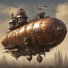 an image of a steampunk flying over a city