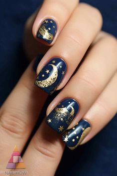 Shine bright with this enchanting moon and stars nail art. The gold accents on a navy blue background create a luxurious and elegant look. Explore more moon nail designs at nailhow.com. Sun And Moon Gel Nails, Moon And Stars Manicure, Dark Blue Moon Nails, Gold Moon Nail Art