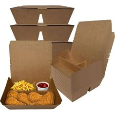 four cardboard boxes filled with different types of food and one has french fries in it