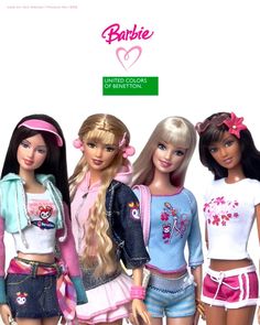 three barbie dolls standing next to each other in front of a white background with the word barbie written on it