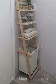 a ladder shelf with baskets and flowers in it