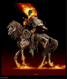 a man riding on the back of a horse covered in fire