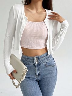 Summer White, Top For Summer, Knit Crop Top, White Summer, White Casual, Long Sleeve Knit, Women Clothing, Knit Top, Color Blocking