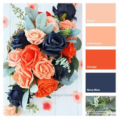 an arrangement of flowers in shades of blue, orange and pink