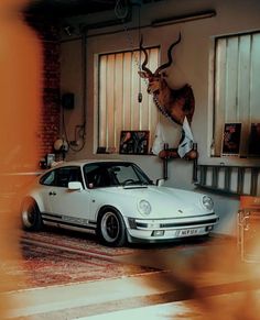 a car parked in front of a building with an animal on the wall behind it