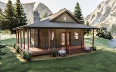 a small wooden cabin sitting on top of a lush green field