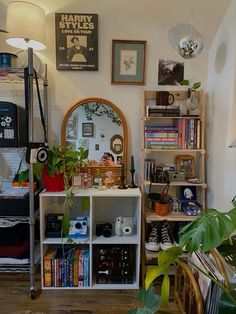 a living room filled with furniture and lots of plants on top of bookshelves