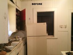 a kitchen with white cabinets and an old refrigerator in the corner, before and after remodeling