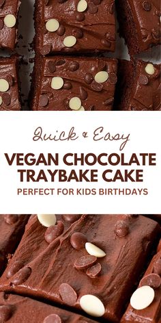 vegan chocolate tray cake with white chocolate chips on top and text overlay that reads,