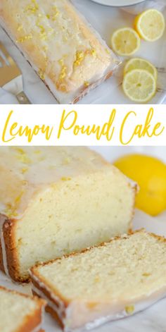 lemon pound cake on a plate with slices cut out