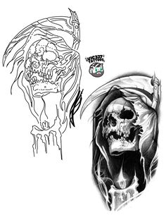 a drawing of a skull and an image of a demon