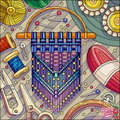 an image of a colorful art work with beads and sewing accessories on it's surface