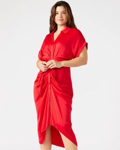 The TORI    dress   has a rolled collar and cuffed short sleeves, with an adjustable gathered tie-front waist and a high-low hem. The dress is finished with a washed satin texture, giving it a polished look.   Tie-front midi shirt dress  Button-up closure  Length: 48"  100% polyester  Hand wash  Payton is 5ft 10in and is wearing a size 4  Carla is 5ft 9in and is wearing a size 12   Imported Satin Texture, Fit Reference, Rolled Collar, Tie Front Dress, Cuffed Shorts, Midi Shirt Dress, Swimwear Cover Ups, Button Dress, Top Women