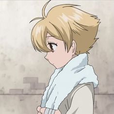 an anime character with blonde hair wearing a scarf and looking at something in the distance