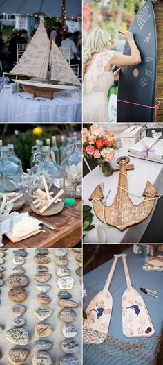 there are many different pictures of wooden boats on the table and in front of each other