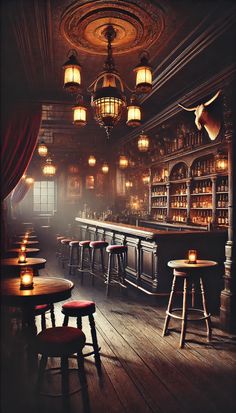 a dimly lit bar with wooden tables and stools