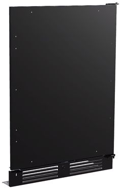 the back side of a black wall mounted screen with metal bars and brackets on it