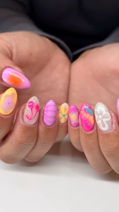 #aesthetic spring nail ideas #spring Lisi Shops Nails, Crazy Summer Nails Designs, Beach Nails Inspo 2024, Nails Different Designs Each Finger, Short Summer Nail Designs 2024, Indy Nails, Cute Funky Nails Summer, Nail Inspo Preppy, Dopamine Nails