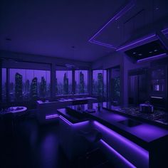 a kitchen with purple lighting in the middle and city lights on the wall behind it