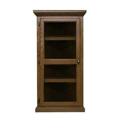 a wooden bookcase with glass doors on the front and bottom shelves, against a white background